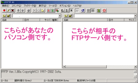 左(自分のパソコン側)と右(FTPサーバ側)の画面に分かれています。