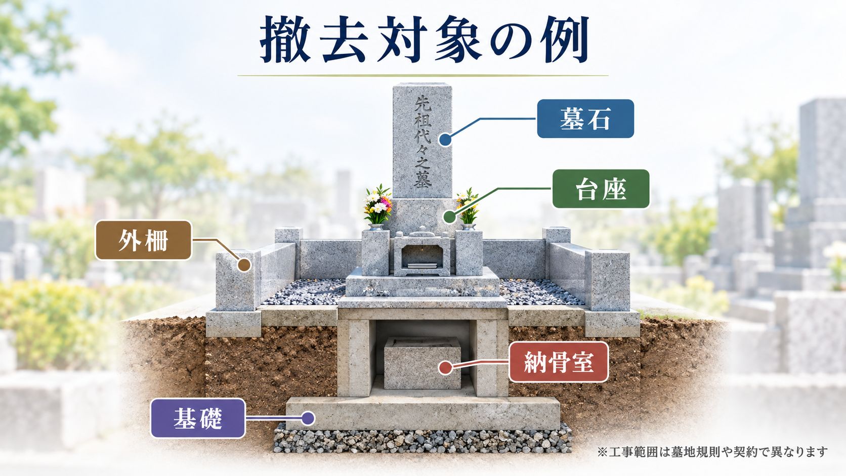 墓石・外柵・付属物を解体して搬出する