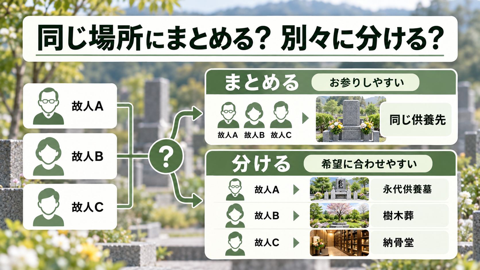全員を同じ供養先へまとめるか、行き先を分けるか